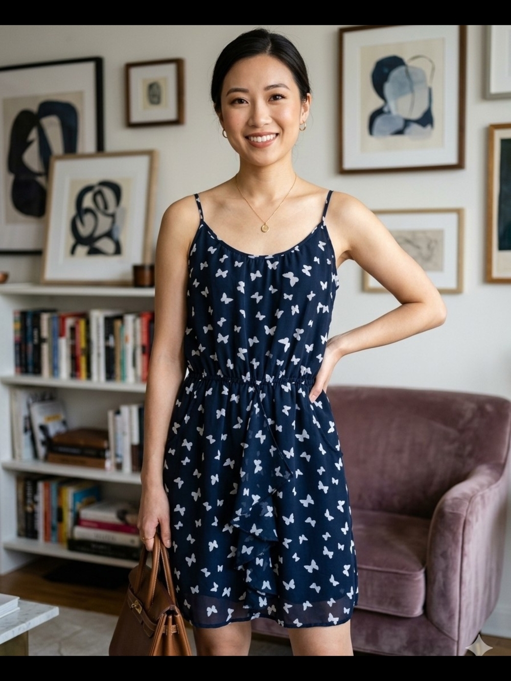 Navy Blue with Butterfly Pattern Sundress by Vanity Size Small, Lined, Pockets